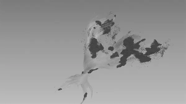 Black liquid particles forming a curved organic shape on a light background.