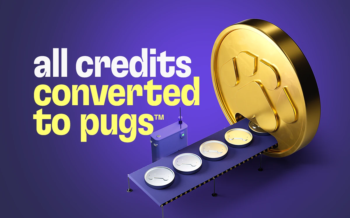Gold coin and tokens illustrating credits converted into MillionPugs rewards.
