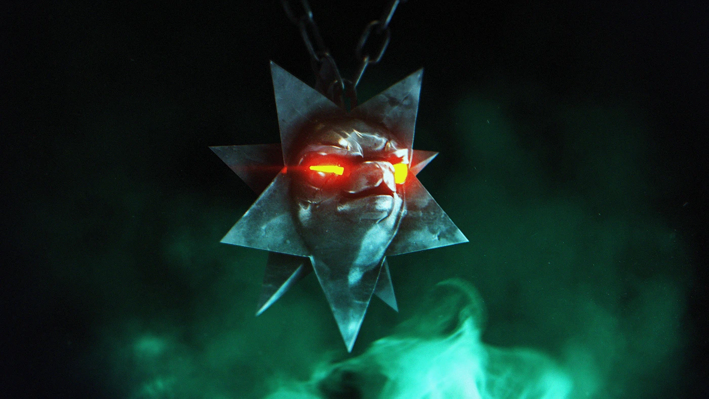 Glowing red eye set inside a dark faceted crystal surrounded by green smoke.