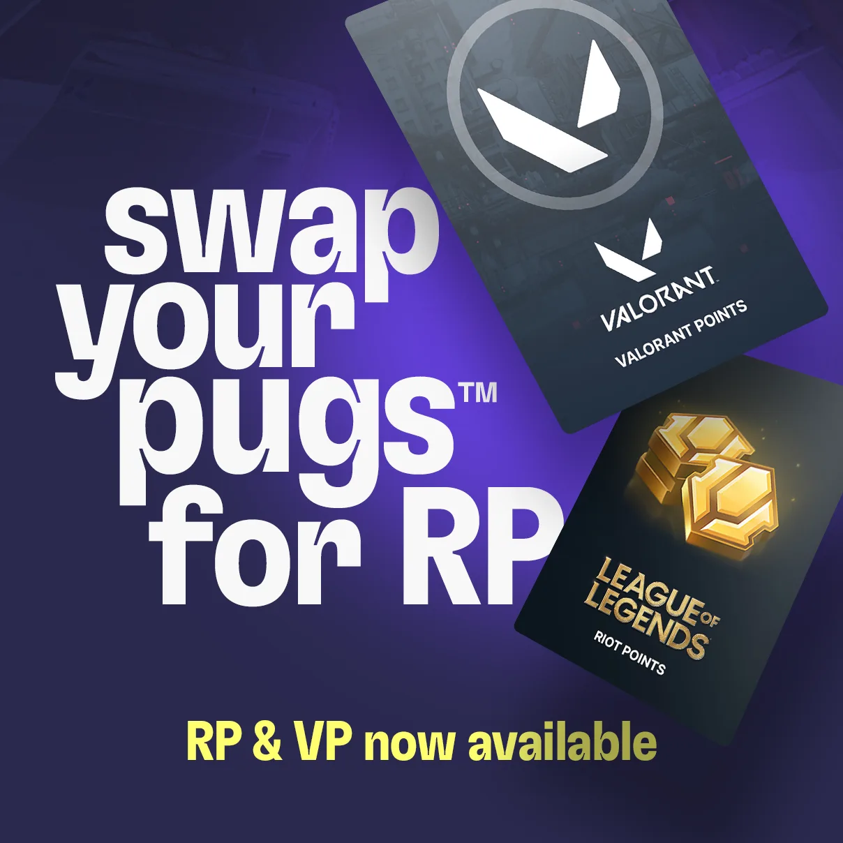 Campaign graphic promoting the exchange of digital pugs for merchandise.