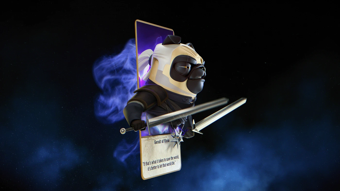 Stylized pug character surrounded by floating interface elements against a dark blue background.