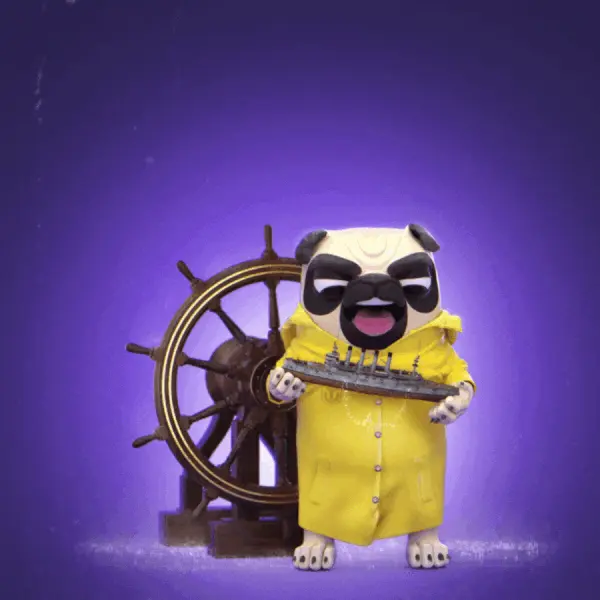 Stylized pug captain standing at a ship’s wheel in the High Seas campaign artwork.