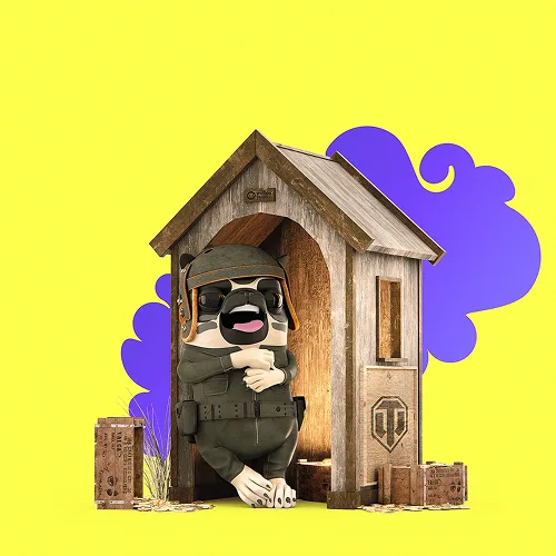 Pug character looking out from a small wooden tower against a yellow and purple background.