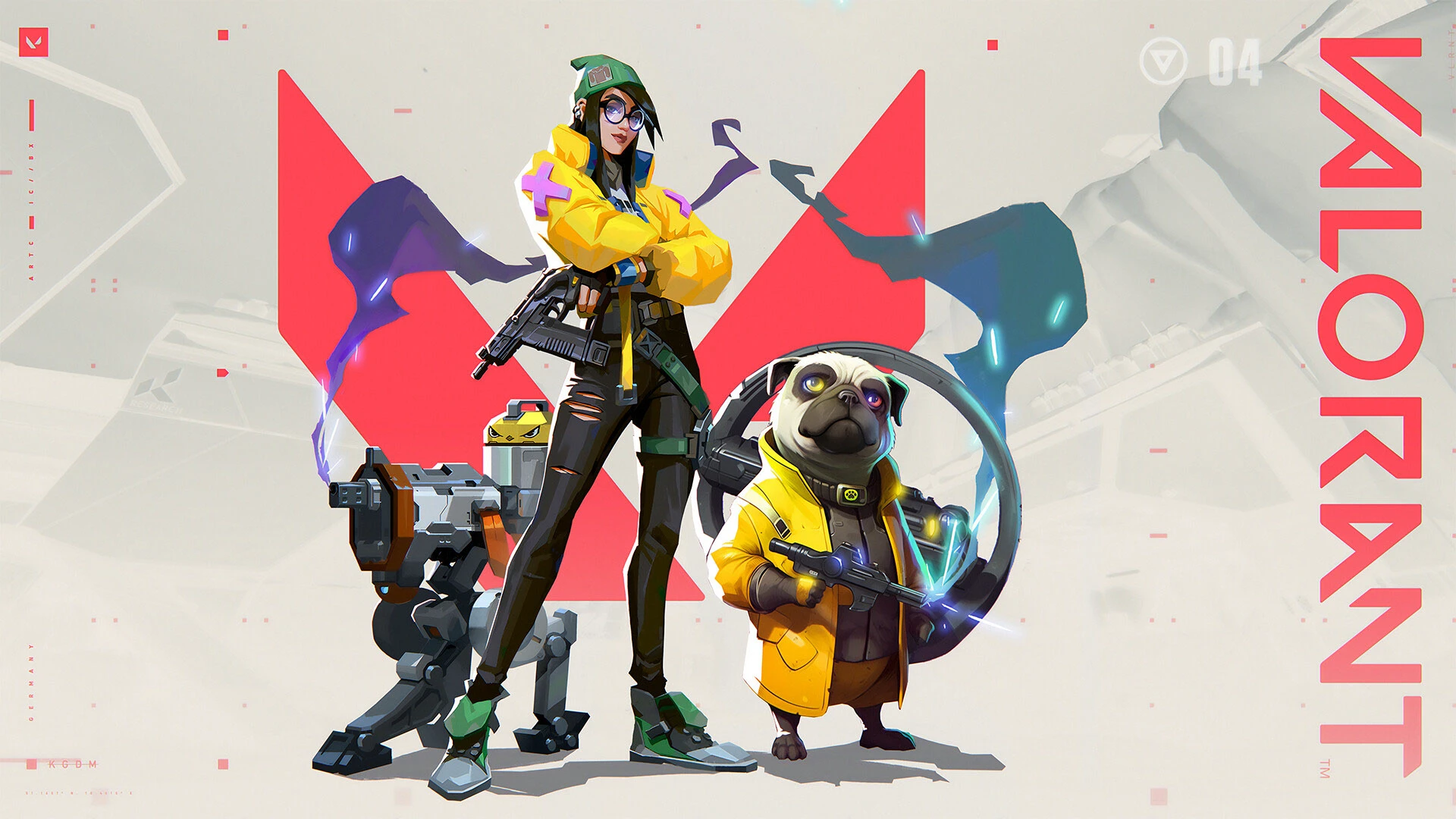 Group of stylized game characters posed together against a colorful geometric background. Valorant style.