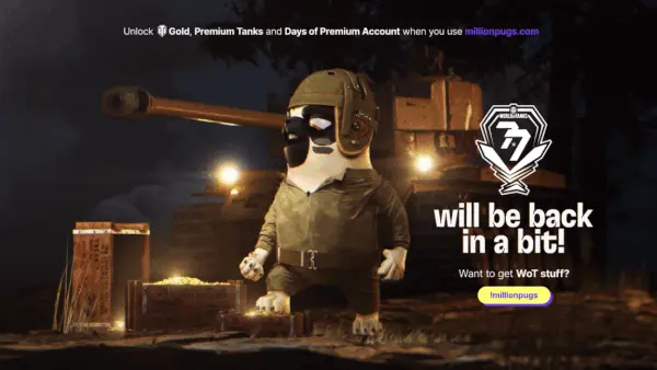 Pug character seated in a dimly lit tavern with a “will be back in a bit” message.