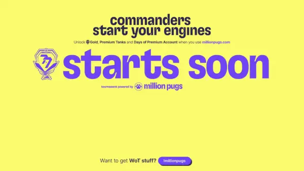 Bright yellow livestream announcement featuring a military tank and the words “starts soon.”