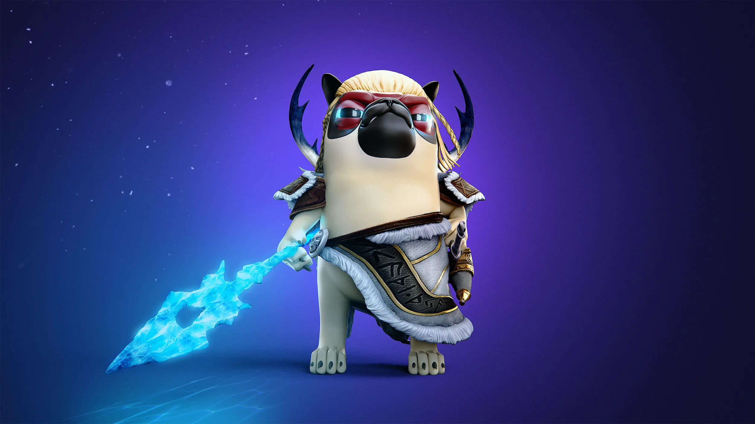 Futuristic pug character holding a glowing blue weapon against a purple background.