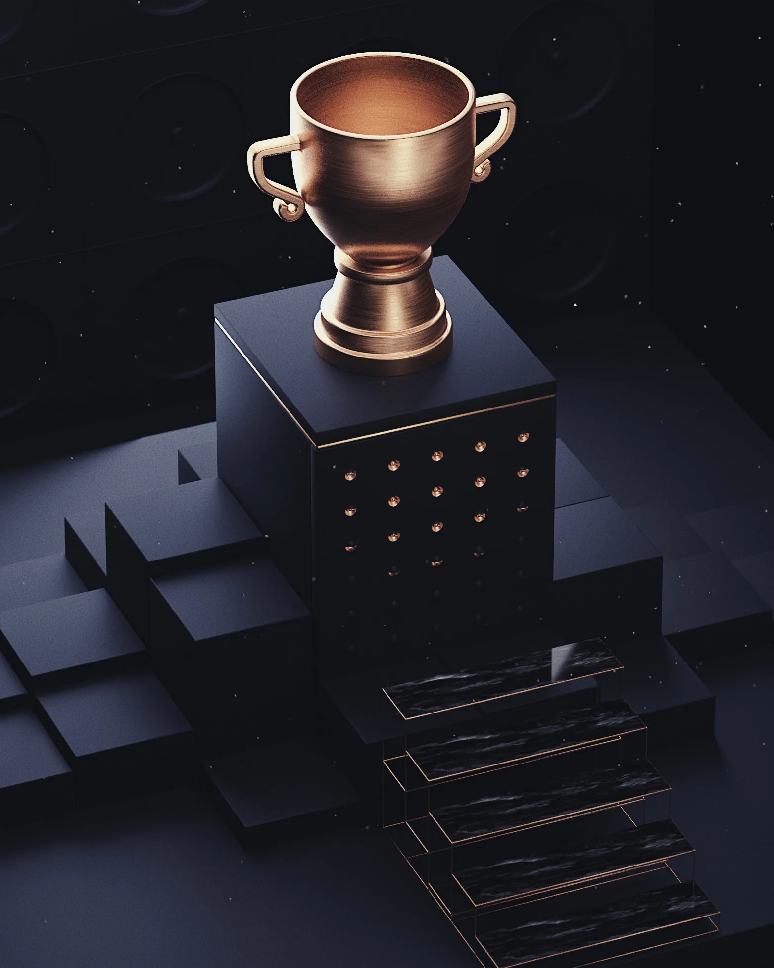 Copper chess piece standing on a dark geometric pedestal.