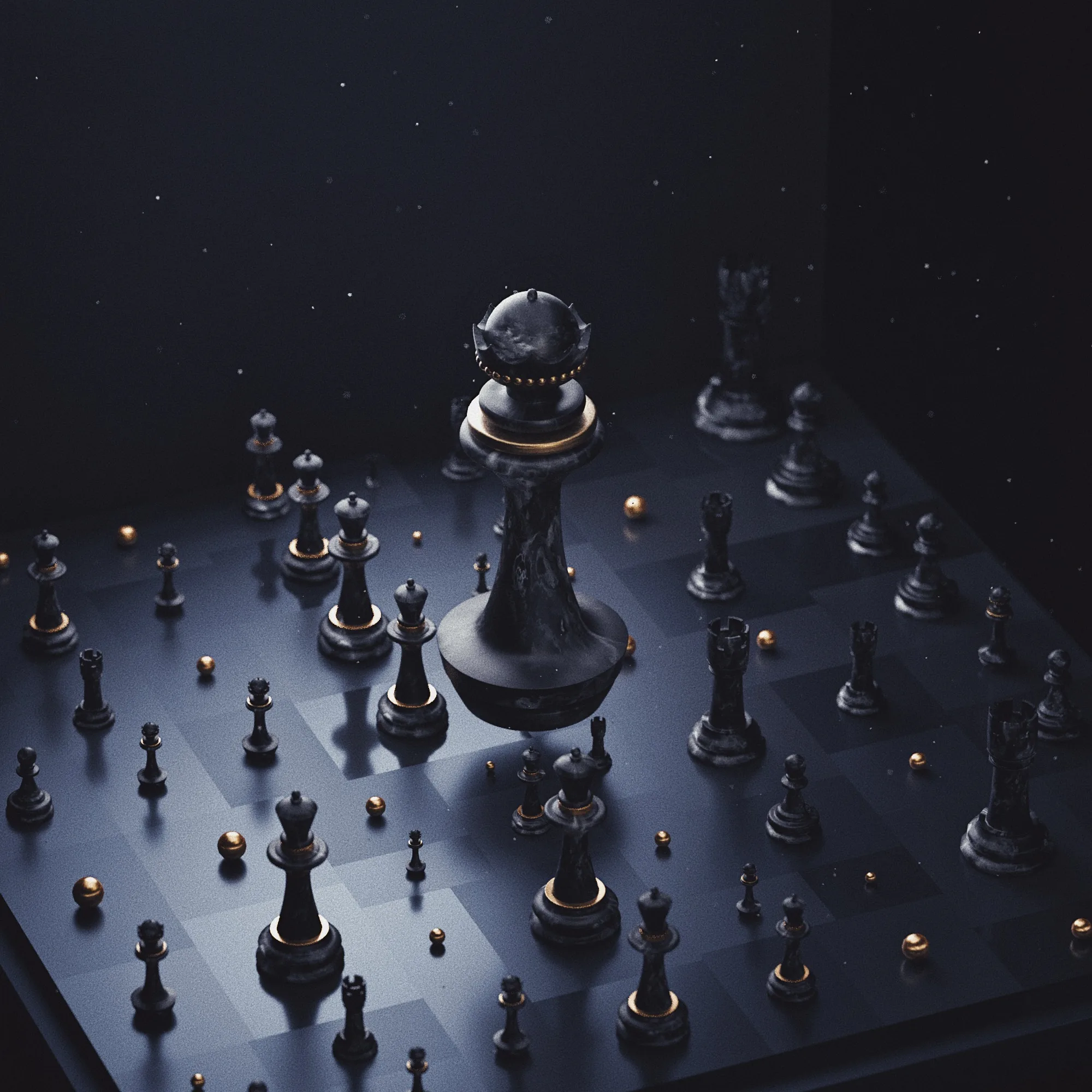 Large black chess piece surrounded by smaller metallic figures on a dark board.