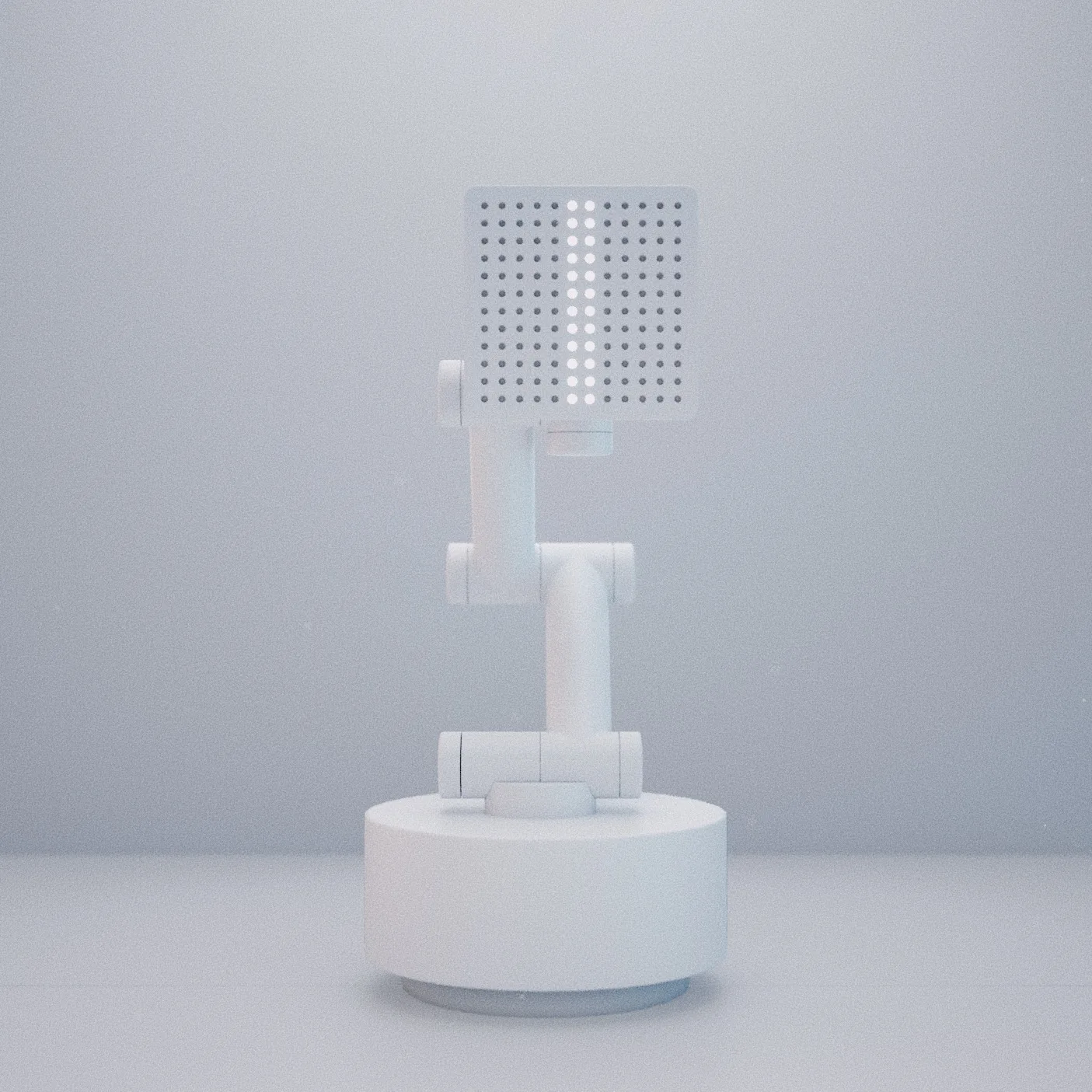 Minimal white robot arm with a perforated vertical panel.